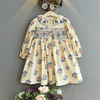 Винтажное Бебешка рокля с цветен Модел и шал яка листче, Пролетно-есенни Детски рокли с дълги ръкави, Подплатени Дишащи детски памучни рокли