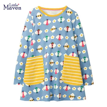 Little maven/2023, Рокля с дълги ръкави и пчелками, Есенна ежедневно облекло от памук, скъпа облекло за деца на 2-7 години
