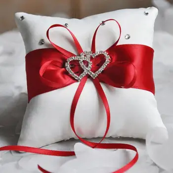 Възглавница с пръстен Романтична отгледа 10х10 см за младоженци, сватбена възглавница с двоен сърце и панделка, декор