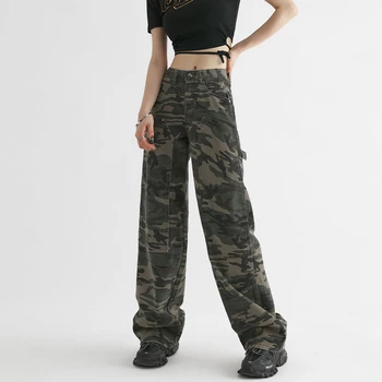 Дамски реколта панталони-карго с висока талия, широки дънки, Широки ежедневните модерни панталони с джобове, външни панталони в стил хип-хоп за майките
