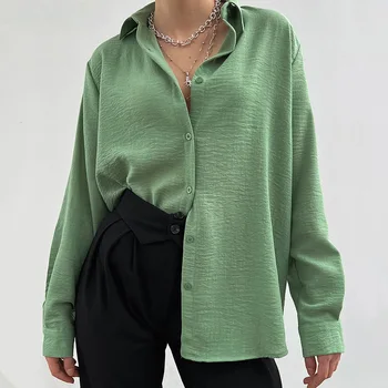 Ежедневна мода Однобортная тениска с дълъг ръкав и отложным яка, блуза, Пролет-есен в памучна риза, Топ за жени 2023