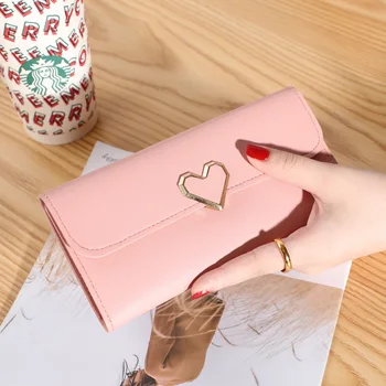 Жена чантата си, с изкривени във формата на сърце с отстъпка 30%, Корейски студентски портфейл Sweet Zero, Дълъг Малко Свеж Сладък портфейл с щипка за визитки