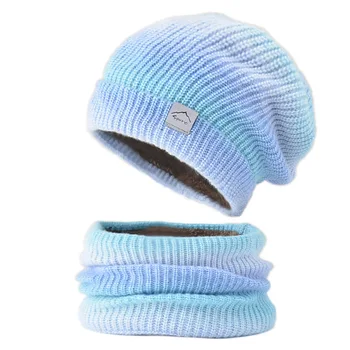 Нова зимна шапка, топла вълнена шапка наклон на цвят, с утолщением за защита на ушите, вязаный лигавник, вязаная капачка, комплект от две части