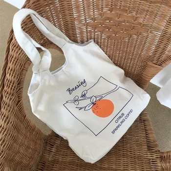 Нова Плодово-Orange Холщовая женствена чанта през рамо за японски и корейски студенти Ins, лесна преносима чанта за пазаруване с принтом