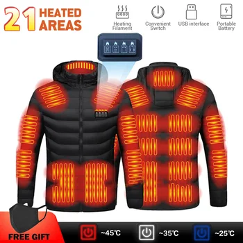 Нови Мъжки якета с подгряване, 21 Зона USB, яке с електрически нагревател, Умен Термостат, Зимни Топло палто с качулка, Топло яке