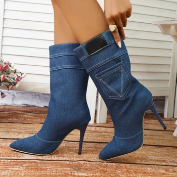 Нови сини дънкови полусапожки с остри пръсти, пикантни женски ботильоны на тънък висок ток, Ежедневна мода, по-големи размери, дамски обувки на висок ток