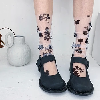 Нови чорапи с рози, Дамски чорапи с Хубав Цветен Модел, Корейски, Японски Harajuku, Шифоновые мрежести чорапи Дишащи за дамите, Прозрачни чорапи