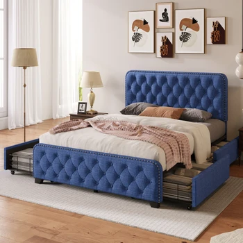 Рамка на легло-платформа с мека тапицерия, четири чекмеджета, Таблата и изножьем копчета, Здрава метална опора, Синьо, Пълен