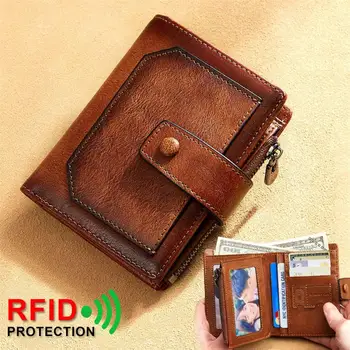 Ретро Мъжки Портфейл от естествена кожа с RFID заключване в три гънки, Кратък многофункционален скоба за пари, Портфейл за монети с цип Голям Капацитет
