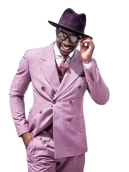 Розово палто, панталони, Мъжки костюм, 2 бр., Блейзър с ревера, Бизнес Висококачествени Мъжки костюми, Булчински Сако, Мъжки костюм (яке + Панталон + вратовръзка)