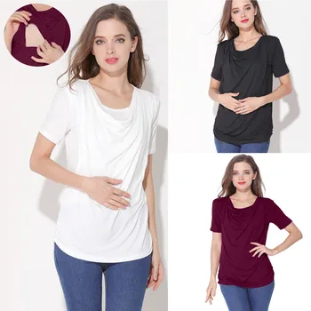 Тениска за бременни и кърмещи гърди, Дамски Ежедневни тениска Soild Color тениска за бременни и майки с къс ръкав, Основни меки върхове за кърменето, Блуза