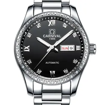 Швейцарската луксозна марка Carnival Автоматични механични часовници за Мъже С светящимся сапфир и диаманти Водоустойчива с двойно календар C8692-8